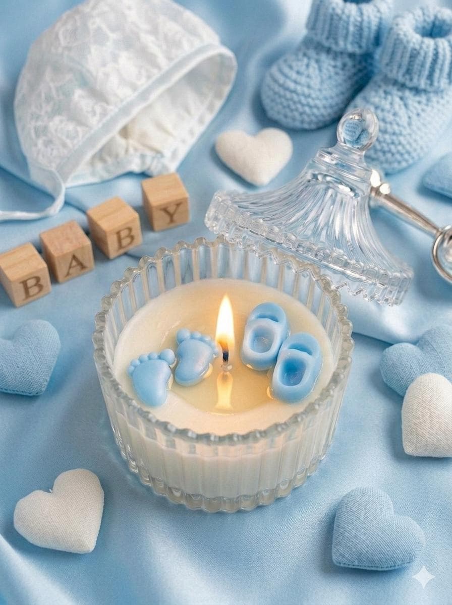 Baby boy shower candle in a glass holder decorated with blue baby feet and booties