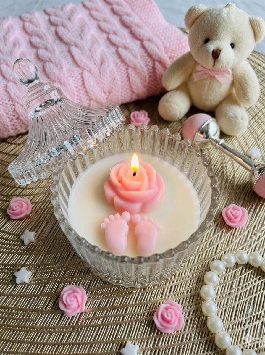 Baby girl shower candle with pink rose and baby feet in a transparent glass holder