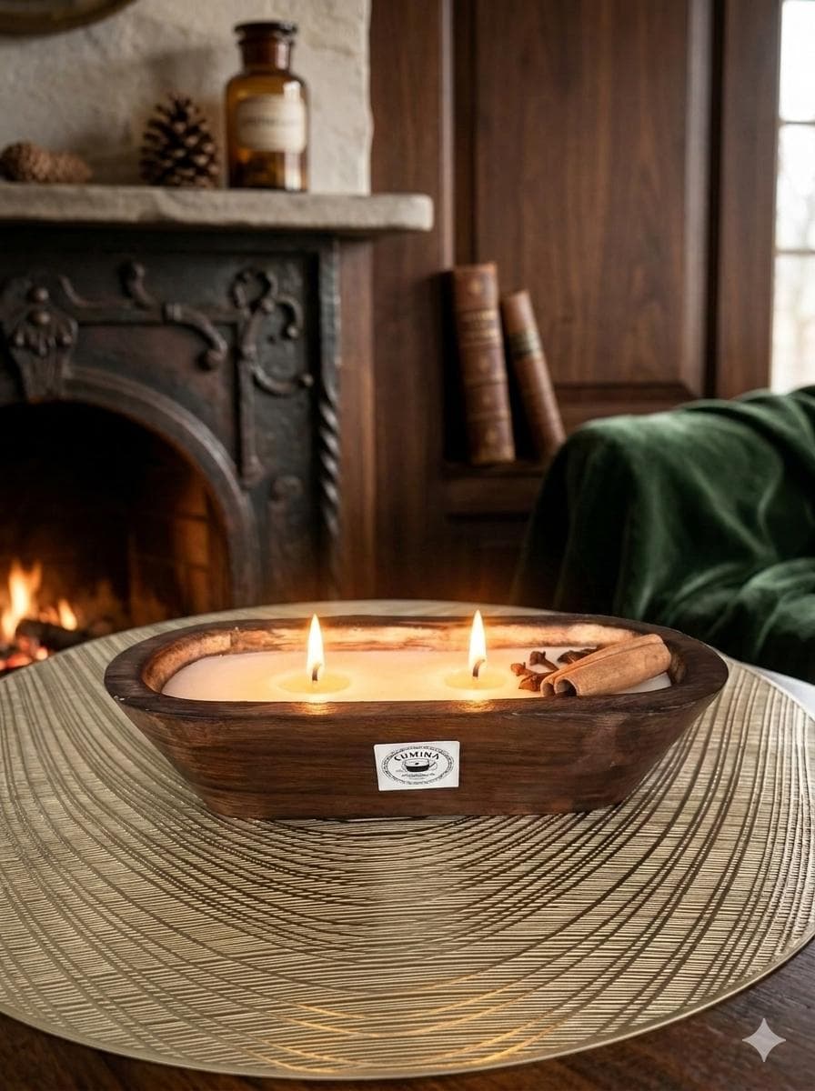 Coastal wooden bowl candle with blue wax and seashell-inspired decorative