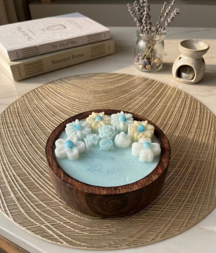 Blue Blossom floral candle with white flowers in a wooden bowl