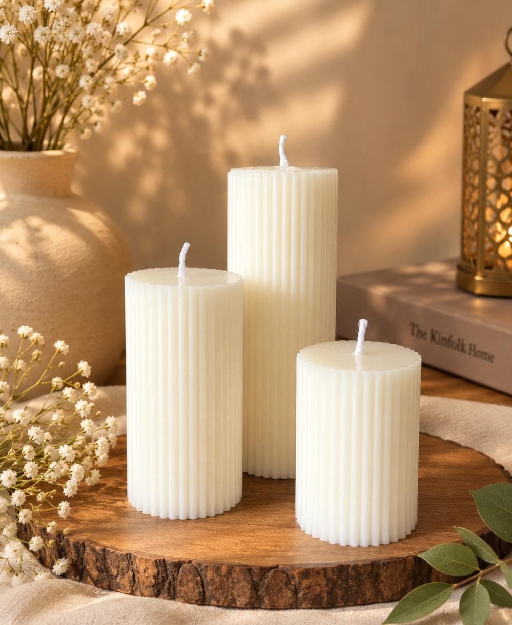 Three ivory ribbed pillar candles in different heights for home décor
