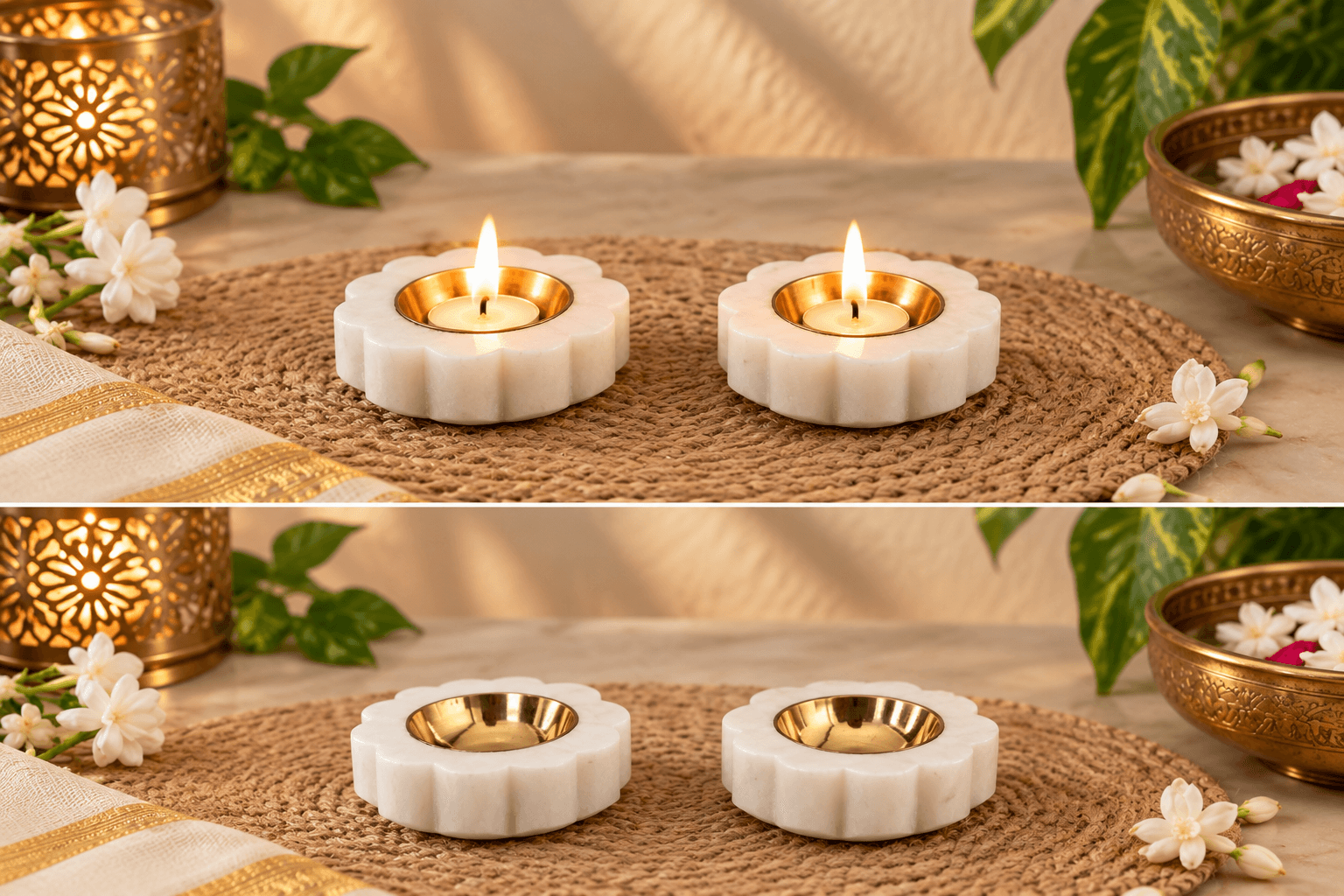 White Marble Diya with Brass Bowl — artisanal soy wax candle by Lumina
