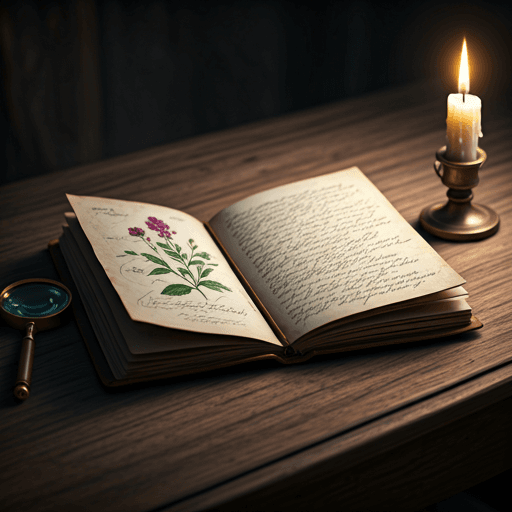 An open, weathered antique leather-bound journal filled with cursive handwriting and botanical sketches