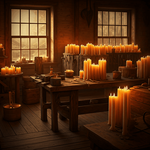 Historic candle-making workshop from the early 1900s, warmly lit by sunlight and flickering candles