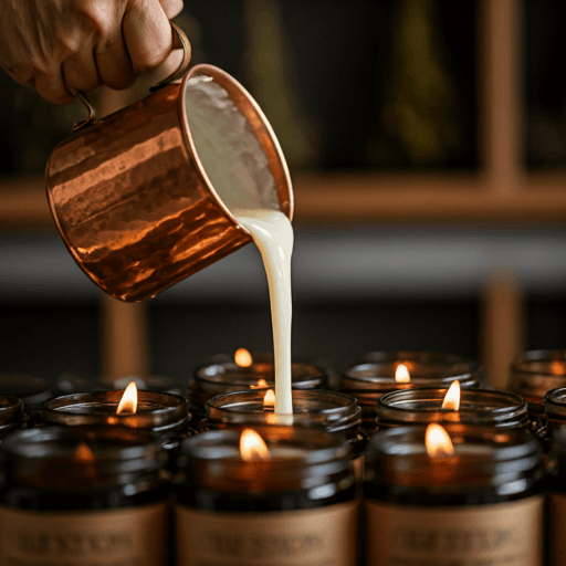A pair of hands carefully pouring molten soya wax from a copper pitcher into glass jars