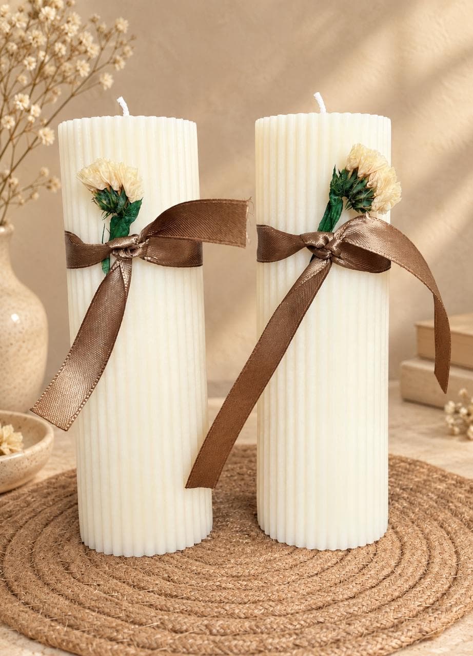 Floral Elegance Ribbed Pillar Candle — artisanal soy wax candle by Lumina