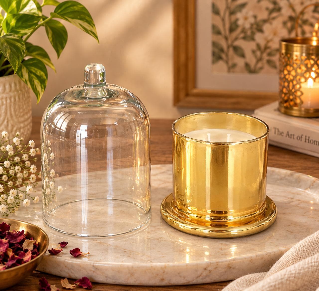 Luxury gold two wick candle with clear glass cloche